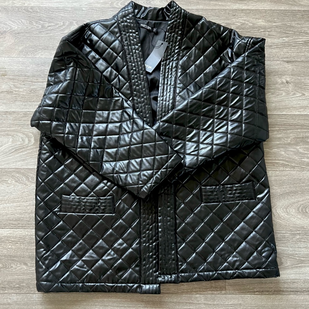 Black Quilted Faux Leather Coat